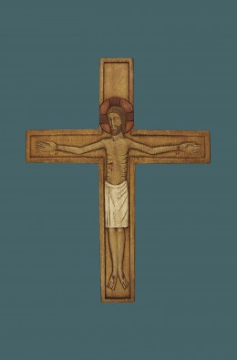 Cristo Em Cruz - Branco / Fundo Ocre - 33 Cm
